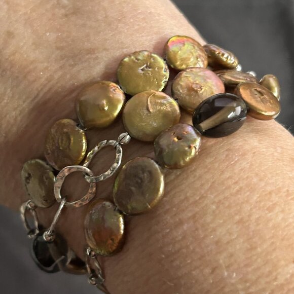 Silpada 3-Strand Bronze Coin Pearl Smokey Quartz Sterling Silver Bracelet B1850 - Picture 3 of 4